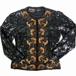 Vintage 80s Robert Anthony Silk Sequin Beaded Blazer|  Black Gold Party Jacket